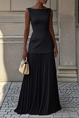 Solid Color Sleeveless Pleated Elegant Maxi Dress