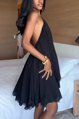 Chiffon Solid Color Halter Backless Irregular Mini Dress