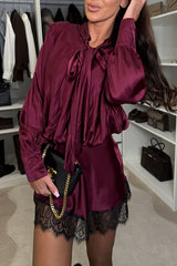 Telsi Satin Bow Neck Shoulder Pads Long Sleeve Lace Trim Mini Dress