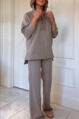 Alfia Ribbed Stand Zipper Neck Long Sleeve Sweatshirt and Button Elastic Waist Pocketed Loose Pants Set