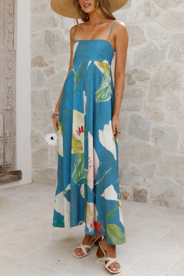 Floral Print Square Neck Sleeveless Casual Holiday Maxi Dress