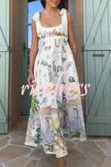 Euro Summer View Linen Blend Unique Print Tie-up Straps Pocket Midi Dress
