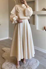 Solid Color Flower-embellished Lantern Sleeve Loose Top and Casual Maxi Skirt Set