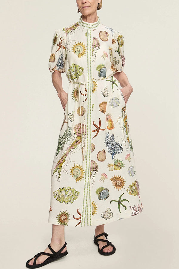 Beach Shell Print Puff Sleeve Tie-Waist Casual Midi Dress