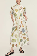 Beach Shell Print Puff Sleeve Tie-Waist Casual Midi Dress