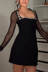 Emmey Jewel Embellished Trim Square-Neck Mesh Long Sleeve Mini Dress