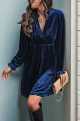 Solid Color Velvet V-Neck Long Sleeve Loose Mini Dress