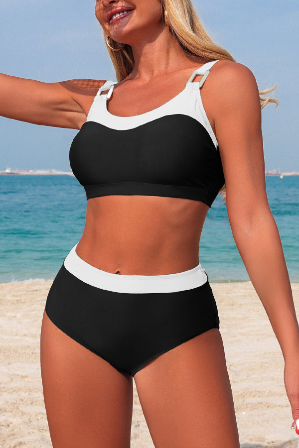 Stylish Color-blocked U-neck High-waisted Two-piece Stretch Bikini Swimsuit
