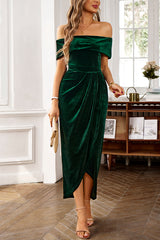 Solid Color Velvet Off-shoulder Slim-fit Elegant Slit Midi Dress
