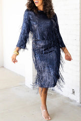 Insight Blueberry Sequin Fringe High Rise Elastic Waistband Midi Skirt