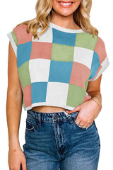 Fashionable Checkerboard Color Block Short-sleeved Loose Sweater