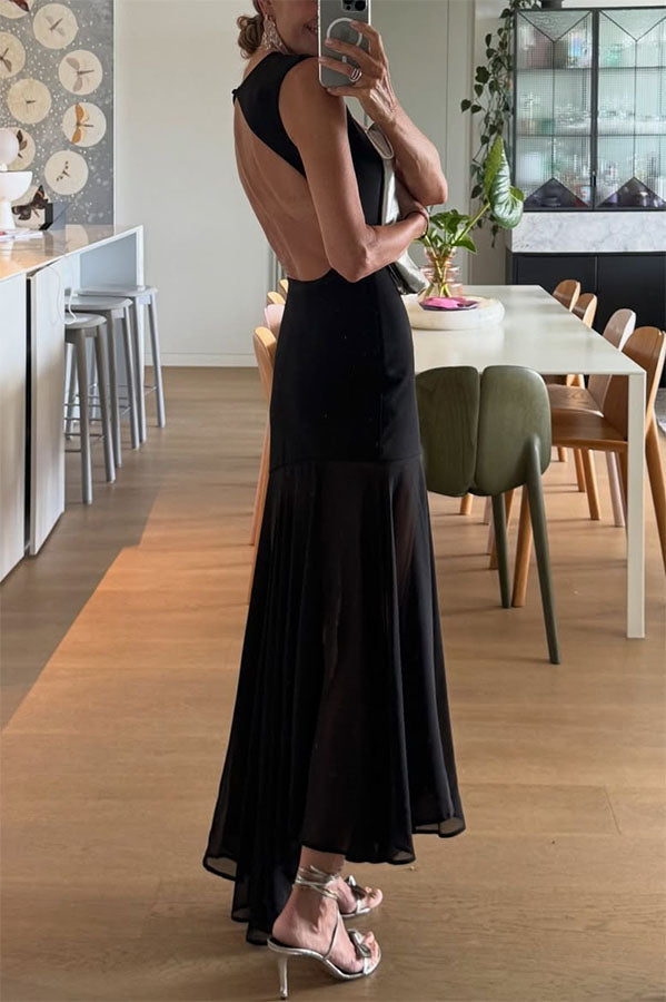 Alice Open Back Asymmetrical Tulle Hem Stretch Maxi Dress