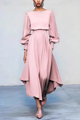 Solid Color Round Neck Long Sleeve High Waist Vacation Midi Dress