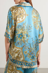 Satin Floral Print Loose Shirt and Elastic Waist Pocket Casual Wide-leg Pants