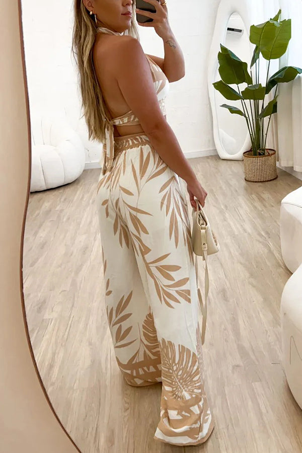 Botanical Print Halterneck Crop Top and Casual High-waist Wide-leg Pants Set