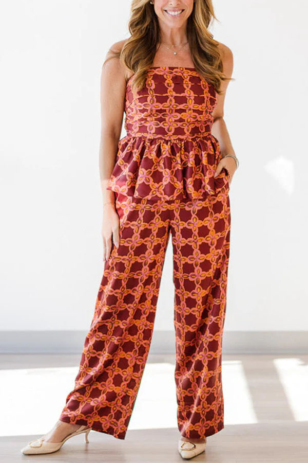Chainlink Printed Bubble Back Pleated Slip Top and Elastic Waist Pocket Loose Pants Set