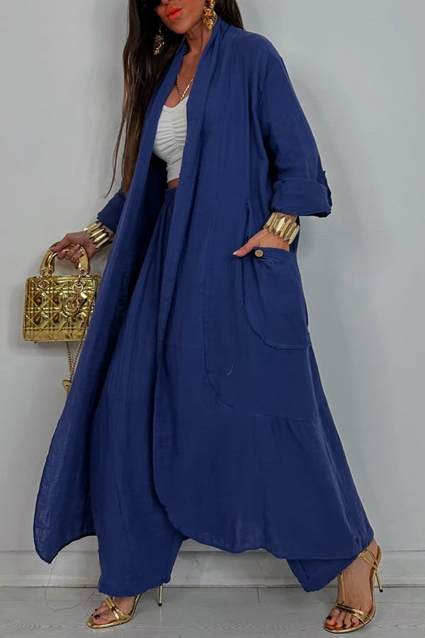 Solid Color Loose-fitting Long-sleeved Cardigan with Pockets and Elastic Waist Casual Wide-leg Pants Set