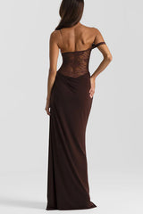 Sexy See-Through Lace Suspender Slim Slit Maxi Dress