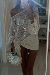 Maja Knit Sequin Hollow Out Wide Neck Balloon Sleeve Loose Cover-up Top