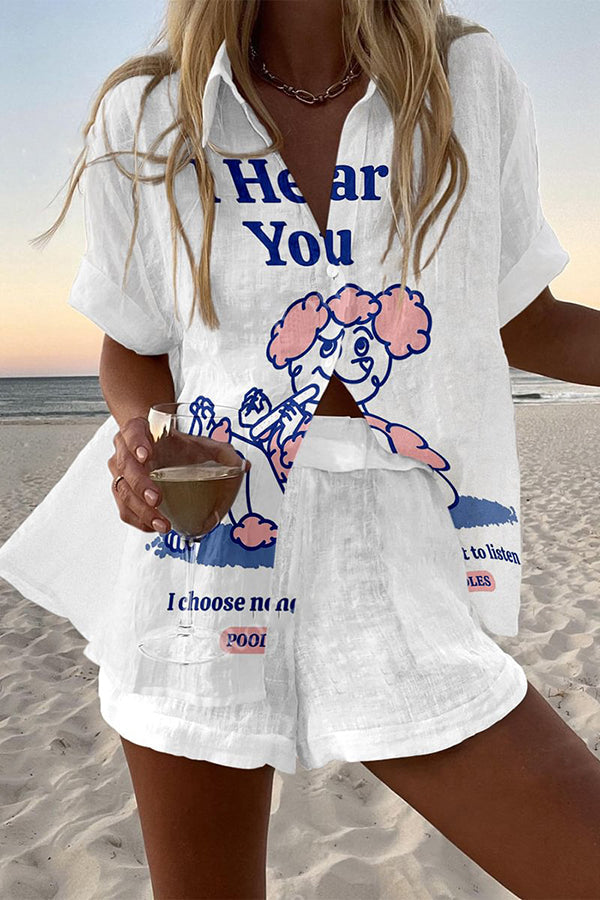 Unique Print Loose Button Elastic Waist Shorts Set