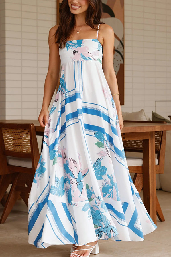 Botanical Print Halter Square Neck Pleated Loose Maxi Dress