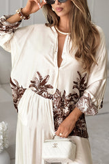 Botanical Print Loose Long-sleeved Shirt and Elastic Waist Pocket Casual Wide-leg Pants