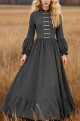 Linen Blend Vintage Long-sleeved Casual Holiday Maxi Dress