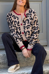 Leopard Print Crew Neck Long-sleeved Loose Knit Cardigan
