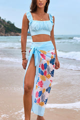 Floral Print Ruffled Two-piece Stretch Bikini Swimsuit and Elegant Gauze Scarf Set