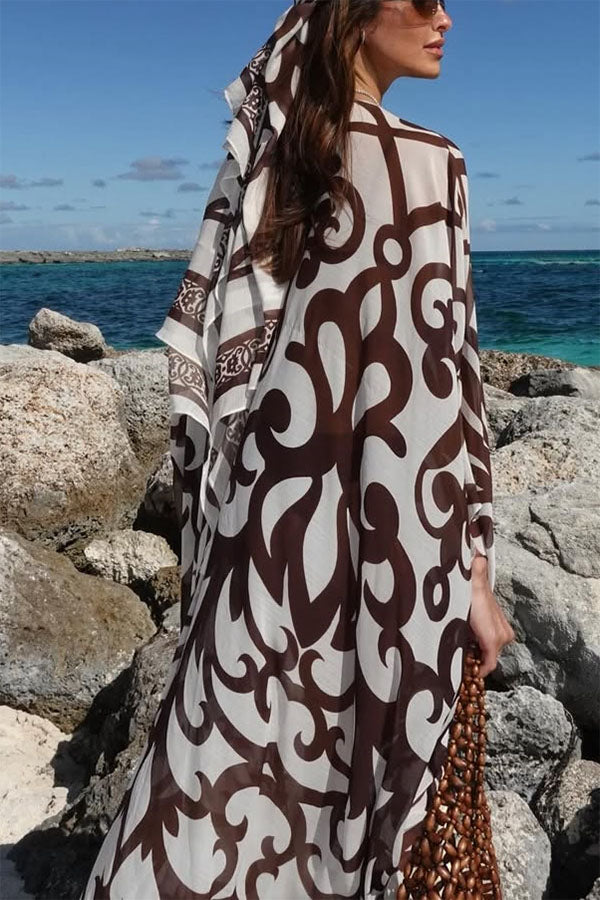 Summer Day Unique Print Rope Knotted Batwing Sleeve Oversized Cover-up Dress