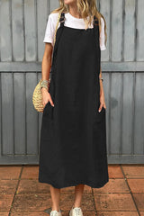 Linen Blend Fashion Adjustable Straps Casual Pocket Midi Dress