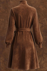 Stylish Suede Turtleneck Long-sleeved Tie-wst Casual Mini Dress