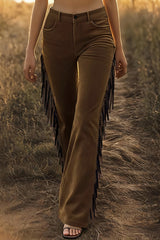 Stylish Suede High-wsted Fringed Casual Flared Pants