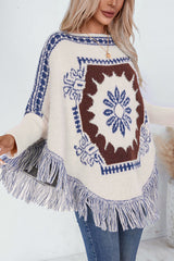 Ethnic Style Loose Long-sleeved Tassel Hem Knitted Sweater