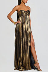 Metallic Sexy Tube Top Pleated High Slit Maxi Dress