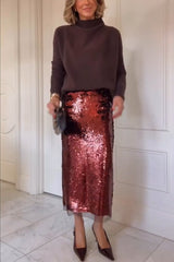 Upper East Chic Sequin Mesh Trim High Rise Slit Pencil Midi Skirt