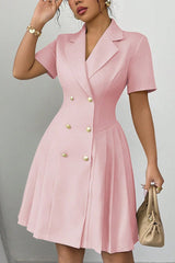 Solid Color Lapel Short Sleeve Button Waist Mini Dress