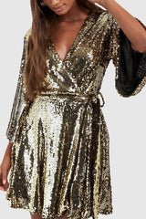 Solid Color Loose Sequined V-neck Tie Mini Dress