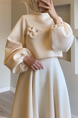 Solid Color Flower-embellished Lantern Sleeve Loose Top and Casual Maxi Skirt Set