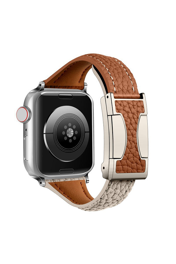 Fashionable Genuine Leather Lychee Pattern Double C Magnetic Buckle Watch Strap