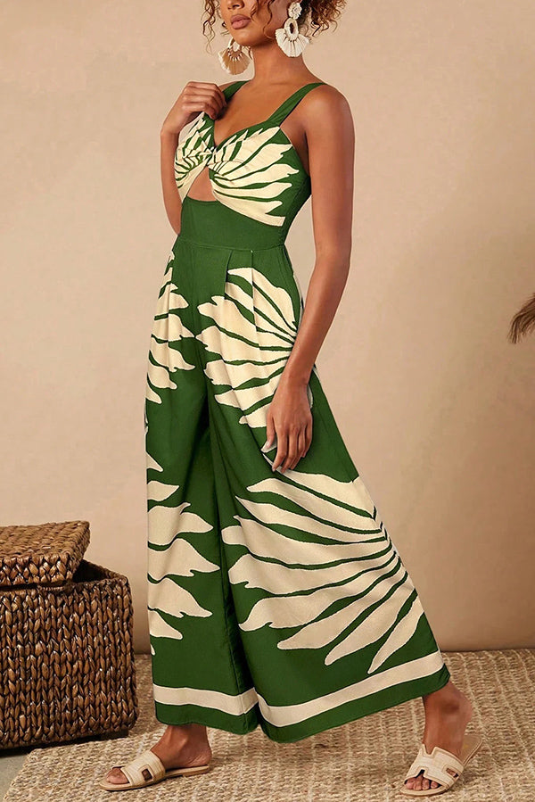 Unique Printed Open Back Pleated Casual Wide-leg Jumpsuit