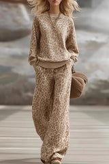 Leopard Print Loose Long-sleeved Top and Casual Pocket Strght-leg Pants Set