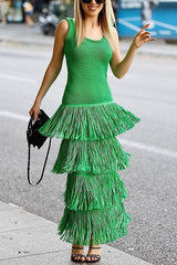 Solid Color Sleeveless Slim Fit Fringed Hem Knitted Midi Dress