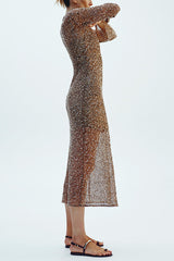 Fashion Sequined Hollow V-neck Long-sleeved Holiday Midi Dress