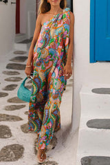 Rainbow Breeze Satin Unique Print Bow One Shoulder Loose Maxi Dress