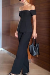 Solid Color Off-the-shoulder Single-breasted Top and Casual Pocket Straight-leg Pants Set