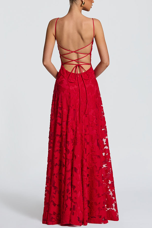 Francis Custom Floral Burnout Fabric Cowl Neck Back Lace-up Maxi Dress