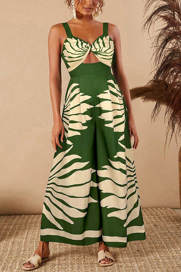 Unique Printed Open Back Pleated Casual Wide-leg Jumpsuit