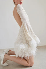 Stylish Sequined Feather Long-sleeved Sexy Backless Mini Dress