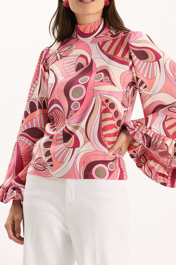 Sarah Unique Print High Neck Ruffle Bell Sleeve Top and Elastic Waist Pocket Loose Pants Set